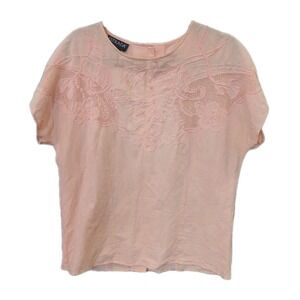 Vtg Estrada 14 Top Embroidered Floral Mesh Short Slv Pink Button Back Blouse